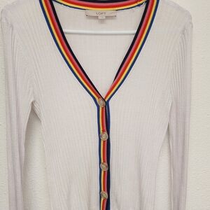 LOFT Cream Cardigan with Multicolor Trim